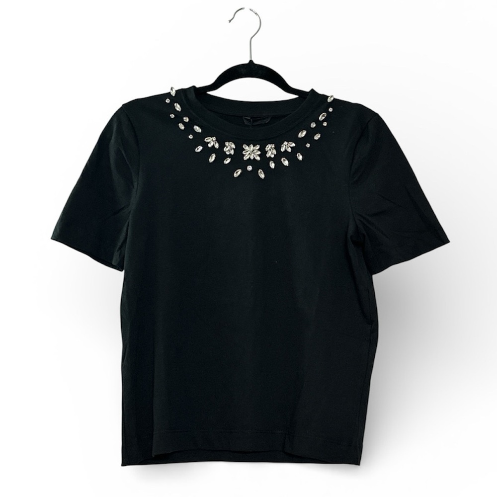 ZARA Black Embellished Short Sleeves Casual Summer Medium TShirt